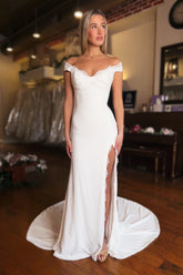 Dressystars White Wedding Dress Mermaid Strapless Off The Shoulder Front Split Satin Bridal Gown With Lace