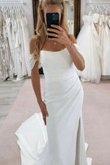 Dressystars White Wedding Dress Mermaid Strapless Off The Shoulder Sleeveless Chapel Train Satin Bridal Gown With Slit