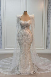 Dressystars White Wedding Dress Mermaid Strapless Sleeveless Beaded Watteau Train Tulle Bridal Gown