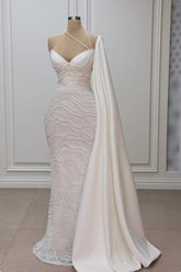 Dressystars White Wedding Dress Mermaid Sweetheart Beaded Off The Shoulder Cap Sleeve Satin Bridal Gown With Pearls