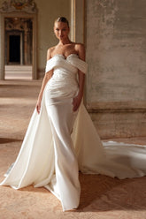 Dressystars White Wedding Dress Mermaid Sweetheart Off The Shoulder Sleeveless Panel Train Satin Bridal Gown With Pearls