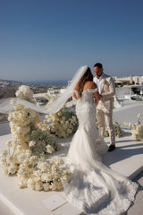 Dressystars White Wedding Dress Mermaid Sweetheart Off The Shoulder Sleeveless Sweep Train Tulle Bridal Gown With Appliques