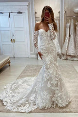 Dressystars White Wedding Dress Mermaid Sweetheart Off The Shoulder Tulle Bridal Gown With Appliques