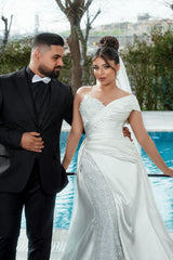 Dressystars White Wedding Dress Mermaid Sweetheart One Shoulder Sleeveless Sequined Lace Panel Train Satin Bridal Gown