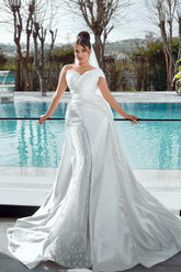 Dressystars White Wedding Dress Mermaid Sweetheart One Shoulder Sleeveless Sequined Lace Panel Train Satin Bridal Gown
