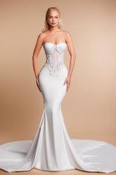 Dressystars White Wedding Dress Mermaid Sweetheart Sleeveless Sweep Train Satin Bridal Gown With Appliques