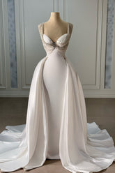 Dressystars White Wedding Dress Mermaid Sweetheart Spaghetti Sleeveless Panel Train Satin Bridal Gown With Beadings