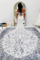 Dressystars White Wedding Dress Mermaid V Neck Off The Shoulder Lace Cathedral Train Bridal Gown With Appliques
