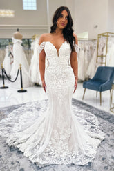 Dressystars White Wedding Dress Mermaid V Neck Off The Shoulder Lace Cathedral Train Bridal Gown With Appliques