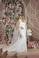 Dressystars White Wedding Dress Mermaid V Neck Sleeveless Beaded Sweep Train Tulle Bridal Gown With Appliques