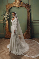 Dressystars White Wedding Dress Mermaid V Neck Sleeves Beaded Sweep Train Lace Bridal Gown