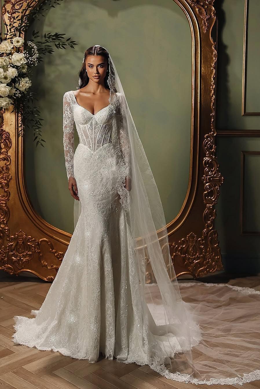 Dressystars White Wedding Dress Mermaid V Neck Sleeves Beaded Sweep Train Lace Bridal Gown