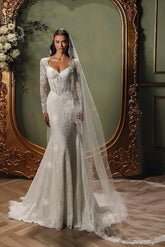 Dressystars White Wedding Dress Mermaid V Neck Sleeves Beaded Sweep Train Lace Bridal Gown