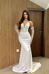 Dressystars White Wedding Dress Mermaid V Neck Spaghetti Strap Lace Sleeveless Beaded Satin Bridal Gown With Pearls