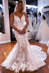 Dressystars White Wedding Dress Mermaid V Neck Spaghetti Strap Lace Tulle Bridal Gown With Appliques