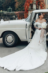 Dressystars White Wedding Dress Off The Shoulder A Line Illusion Lace Sleeve Sweep Train Satin Bridal Gown With Slit
