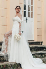 Dressystars White Wedding Dress Off The Shoulder A Line Illusion Lace Sleeve Sweep Train Satin Bridal Gown With Slit