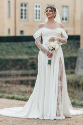 Dressystars White Wedding Dress Off The Shoulder A Line Illusion Lace Sleeve Sweep Train Satin Bridal Gown With Slit