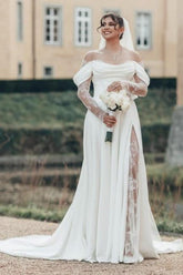 Dressystars White Wedding Dress Off The Shoulder A Line Illusion Lace Sleeve Sweep Train Satin Bridal Gown With Slit
