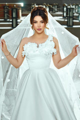 Dressystars White Wedding Dress One Shoulder Sleeveless Sweep Train Ball Gown Satin Bridal Gown With 3D Flowers