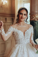 Dressystars White Wedding Dress Scoop Neck A Line Tulle Lace Bridal Gown With Sleeves