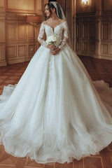 Dressystars White Wedding Dress Scoop Neck A Line Tulle Lace Bridal Gown With Sleeves