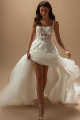 Dressystars White Wedding Dress Spaghetti Strap A Line Court Train Tulle Bridal Gown With Appliques