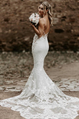 Dressystars White Wedding Dress Spaghetti Straps Mermaid Backless Bridal Gown With Lace
