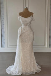 Dressystars White Wedding Dress Strapless Off The Shoulder Sleeveless Sequined Ruffle Tulle Bridal Gown