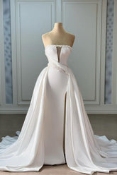 Dressystars White Wedding Dress Strapless Sleeveless Beaded Panel Train Ruffle Satin Bridal Gown With Slit
