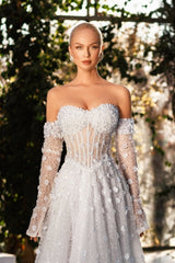 Dressystars White Wedding Dress Sweetheart A Line Sleeveless Sequined Sweep Train Tulle Bridal Gown With 3D Flowers