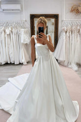 Dressystars White Wedding Dress Sweetheart A Line Spaghetti Strap Sleeveless Cathedral Train Satin Bridal Gown