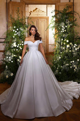 Dressystars White Wedding Dress Sweetheart Ball Gown Off The Shoulder Beaded Satin Bridal Gown With Pearls