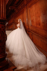 Dressystars White Wedding Dress Sweetheart Ball Gown Off The Shoulder Sleeveless Lace Up Cathedral Train Tulle Bridal Gown