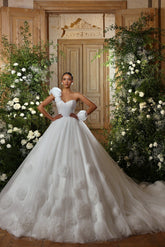 Dressystars White Wedding Dress Sweetheart Ball Gown One Shoulder Tulle Bridal Gown With Handmade Flowers