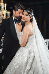 Dressystars White Wedding Dress Sweetheart Beaded Illusion Sleeves Sequined Ball Gown Tulle Bridal Gown