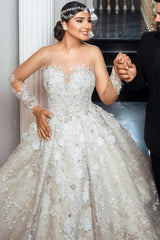 Dressystars White Wedding Dress Sweetheart Beaded Illusion Sleeves Sequined Ball Gown Tulle Bridal Gown