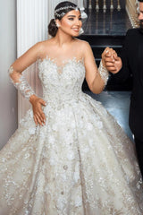 Dressystars White Wedding Dress Sweetheart Beaded Illusion Sleeves Sequined Ball Gown Tulle Bridal Gown