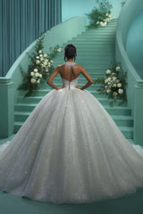 Dressystars White Wedding Dress Sweetheart Sequined Sleeveless Ball Gown Cathedral Train Tulle Bridal Gown