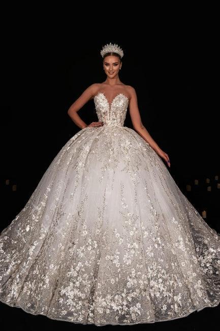 Dressystars White Wedding Dress Sweetheart Sleeveless Beaded Ball Gown Lace Tulle Bridal Gown With Appliques