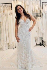 Dressystars White Wedding Dress Sweetheart Spaghetti Strap Mermaid Tulle Court Train Lace Bridal Gown With Appliques