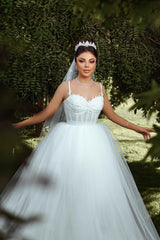 Dressystars White Wedding Dress Sweetheart Spaghetti Strap Sleeveless Ball Gown Tulle Bridal Gown
