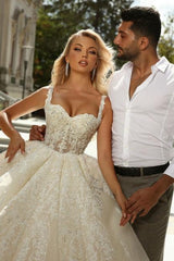 Dressystars White Wedding Dress Sweetheart Spaghetti Strap Sleeveless Sequined Lace Ball Gown Tulle Bridal Gown