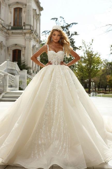 Dressystars White Wedding Dress Sweetheart Spaghetti Strap Sleeveless Sequined Lace Ball Gown Tulle Bridal Gown