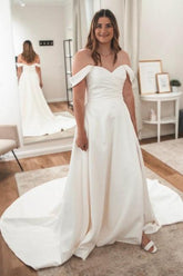 Dressystars White Wedding Dress Sweetheart V Neck Off The Shoulder A Line Sleeveless Sweep Train Satin Bridal Gown