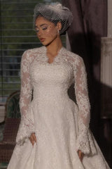 Dressystars White Wedding Dress V Neck A Line Lace Sleeves Sweep Train Velour Bridal Gown With Appliques