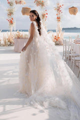 Dressystars White Wedding Dress V Neck Lace A Line Spaghetti Strap Sequined Sleeveless Watteau Train Tulle Bridal Gown With Slit