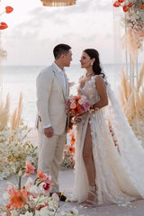 Dressystars White Wedding Dress V Neck Lace A Line Spaghetti Strap Sequined Sleeveless Watteau Train Tulle Bridal Gown With Slit