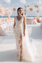 Dressystars White Wedding Dress V Neck Lace A Line Spaghetti Strap Sequined Sleeveless Watteau Train Tulle Bridal Gown With Slit