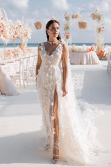 Dressystars White Wedding Dress V Neck Lace A Line Spaghetti Strap Sequined Sleeveless Watteau Train Tulle Bridal Gown With Slit